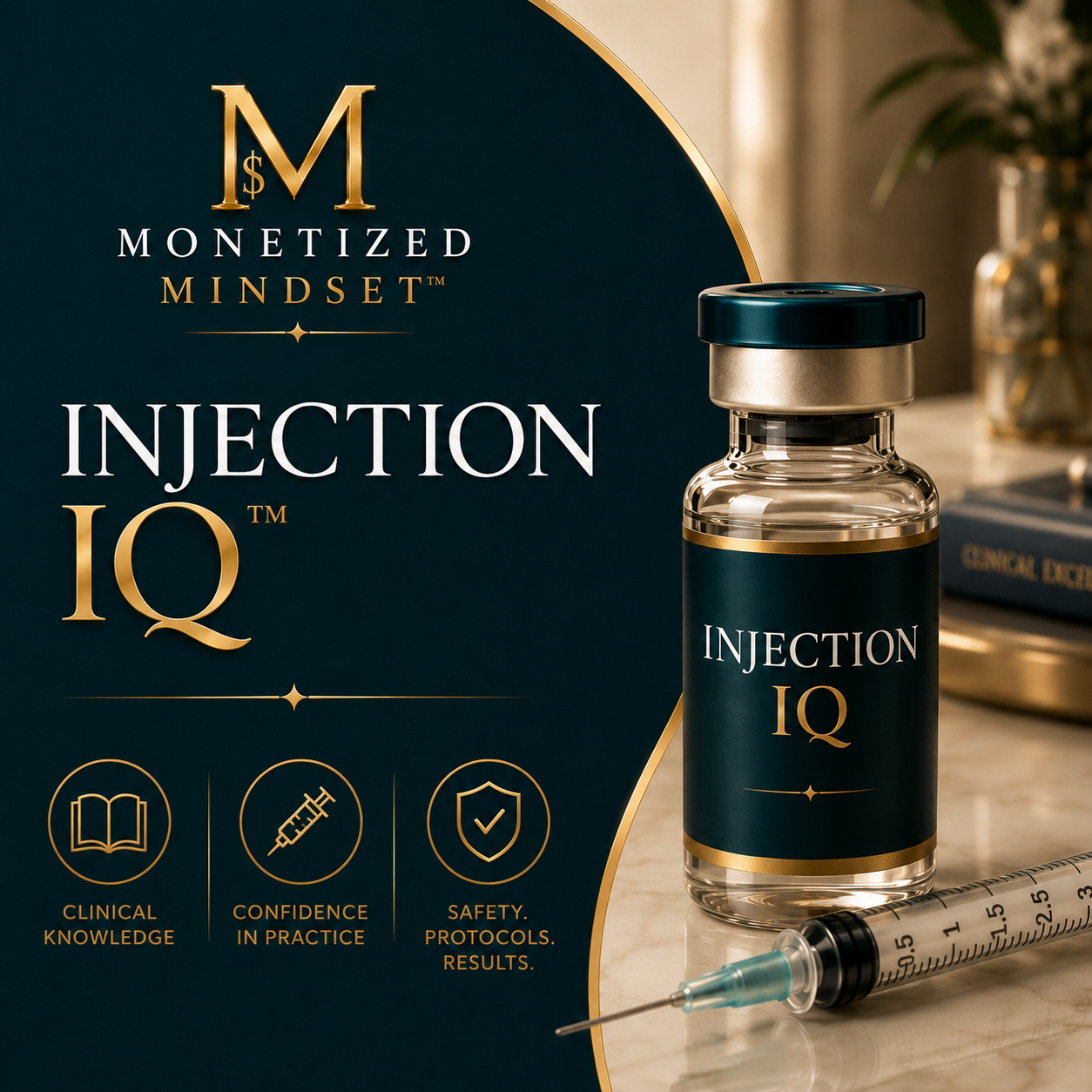 A promotional display featuring a vial labeled 'Injection IQ' and a syringe, indicating a medical or cosmetic product for injection treatments, with a background of a dark green and gold-themed design.