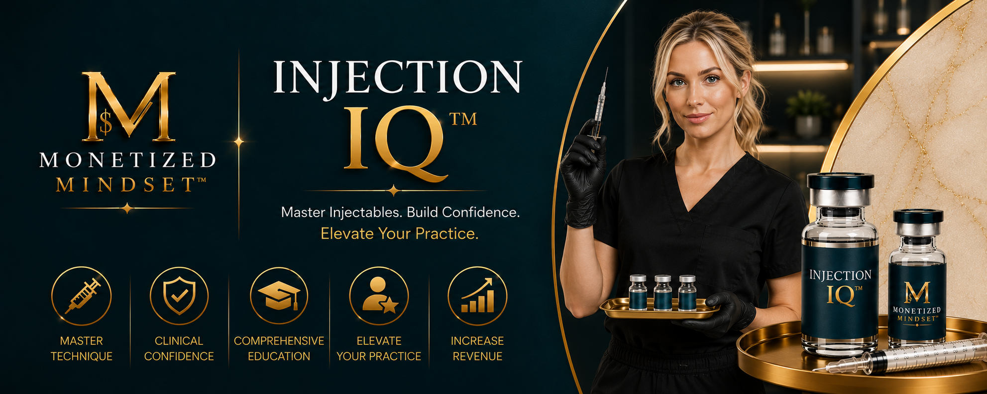 A woman in black scrubs holding a syringe, surrounded by medical vials, with a promotional banner for 'Monetized Mindset Injection IQ' featuring gold and black text and icons.