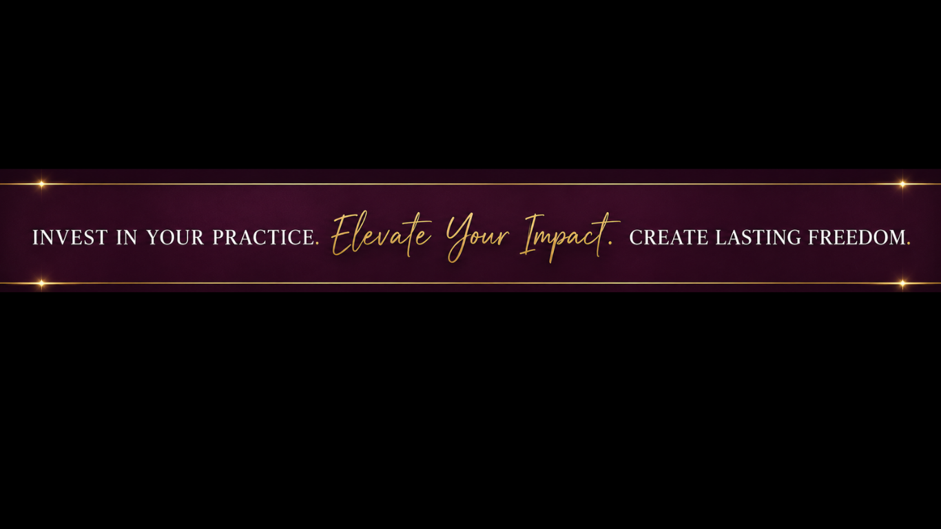 Inspirational digital banner with gold accents on a purple background stating: 'Invest in your practice. Elevate your impact. Create lasting freedom.'