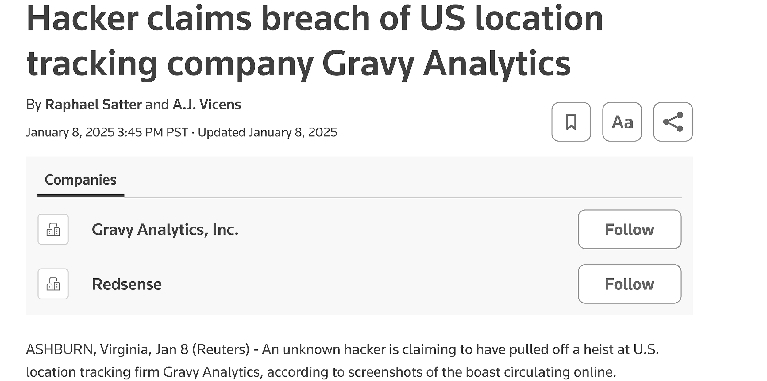 Reuters: "Hacker claims breach of US location tracking company Gravy Analytics", 2025