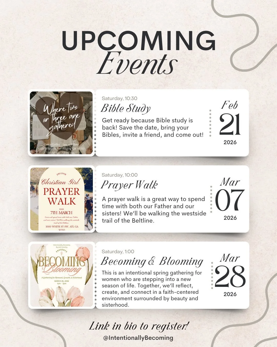 Hey sisters! Here are some of our upcoming Bible Studies and events! Link in bio to register! 🤍

#atlanta #christian #jesus #christiansocialclub #womensministry