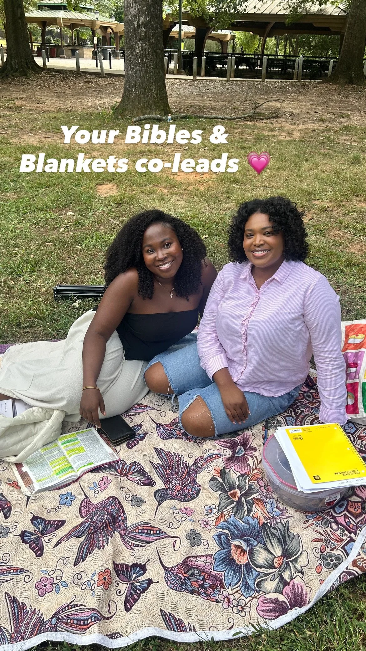 Two women sitting on a patterned blanket during a picnic in a park, with Bibles and blankets nearby, and a pavilion in the background. The image has the text 'Your Bibles & Blankets co-leads' with a pink heart.