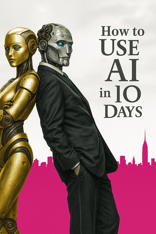 A professional man leaning against a robot, with a city skyline and the text 'How to Use AI in 10 Days' on the background.