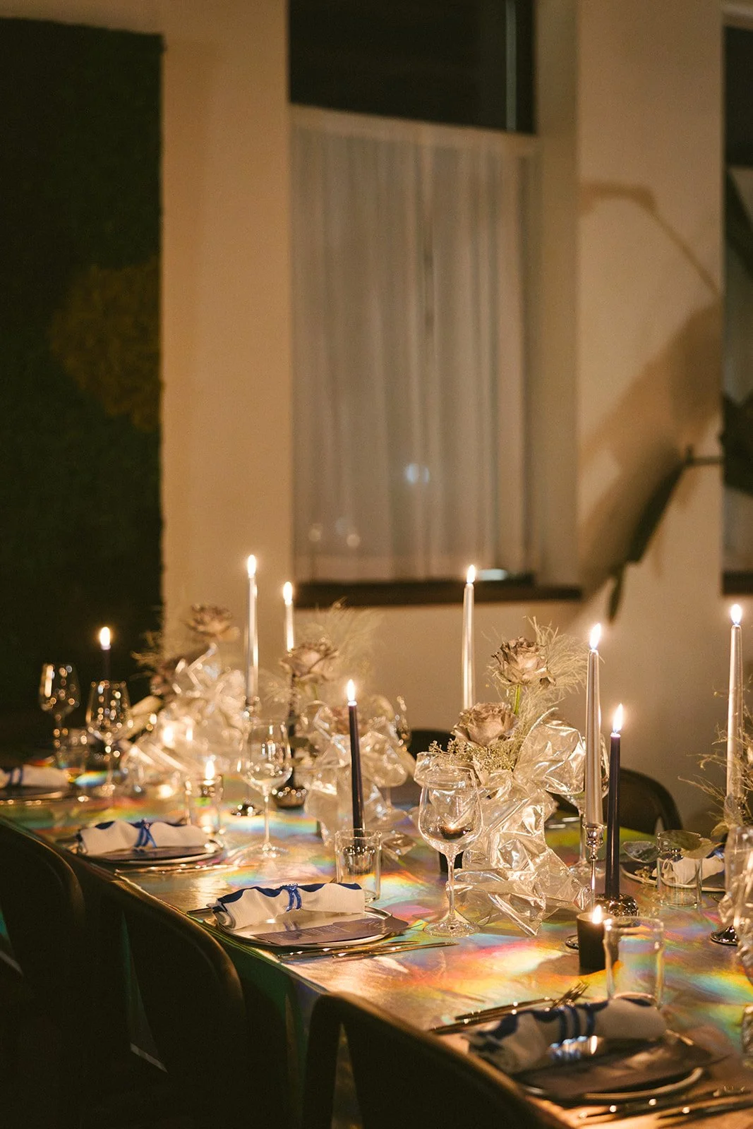 Holographic table linen holiday event design