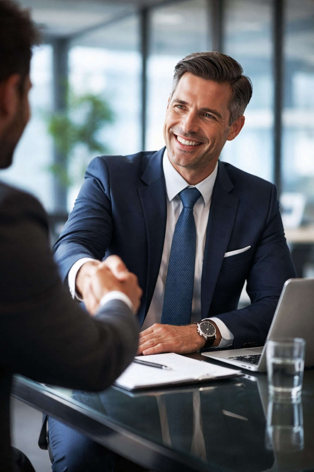 A man in a blue suit and tie smiling and shaking hands with another person in an office setting, signed off on a deal and added new customers to their sales.
