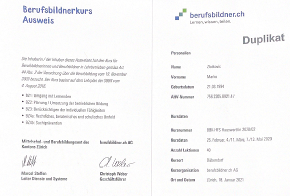 Berufsbildnerkurs-Ausweis von Marko Zlatkovic