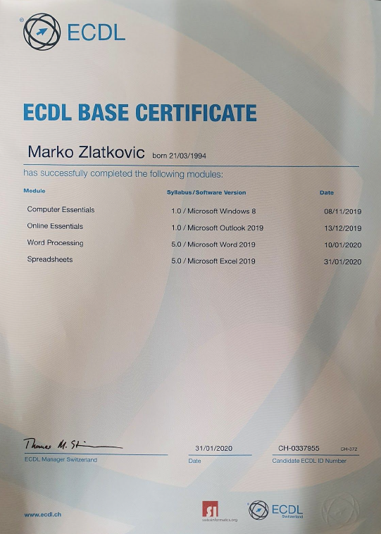 ECDL-Zertifikat von Marko Zlatkovic