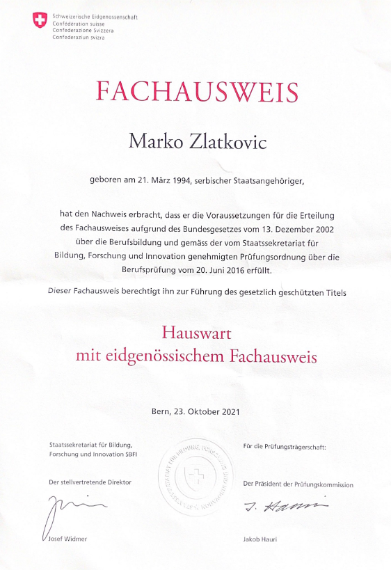 Eidgenössischer Fachausweis Hauswart von Marko Zlatkovic
