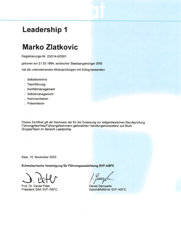 Leadership-1-Zertifikat von Marko Zlatkovic