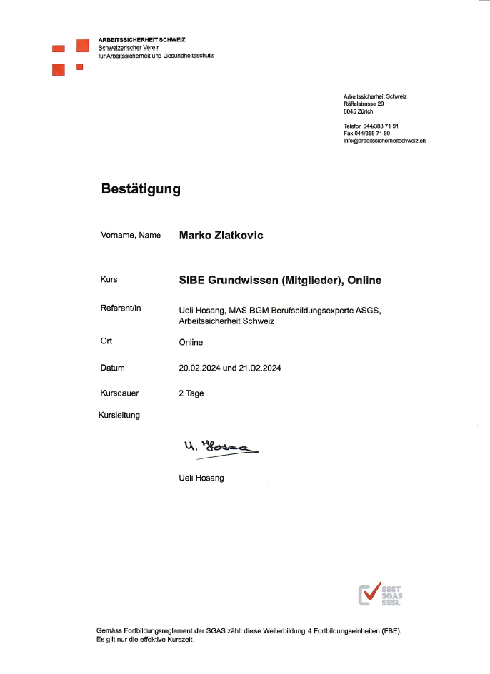 SIBE-Grundwissen-Zertifikat von Marko Zlatkovic