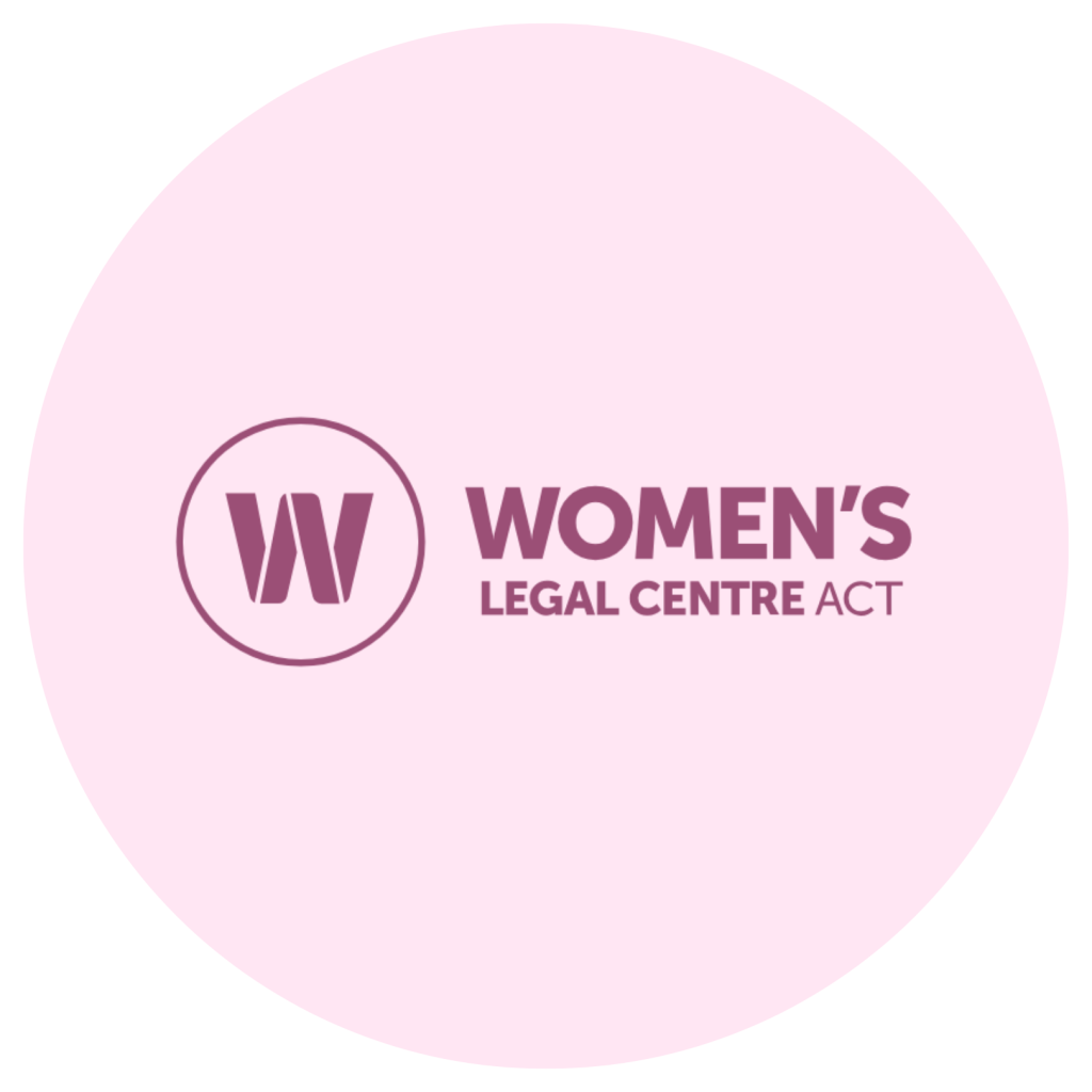 Women’s Legal Centre ACT logo featuring a stylised “W” symbol inside a circle, alongside the words “WOMEN’S LEGAL CENTRE ACT” in purple on a light pink circular background.