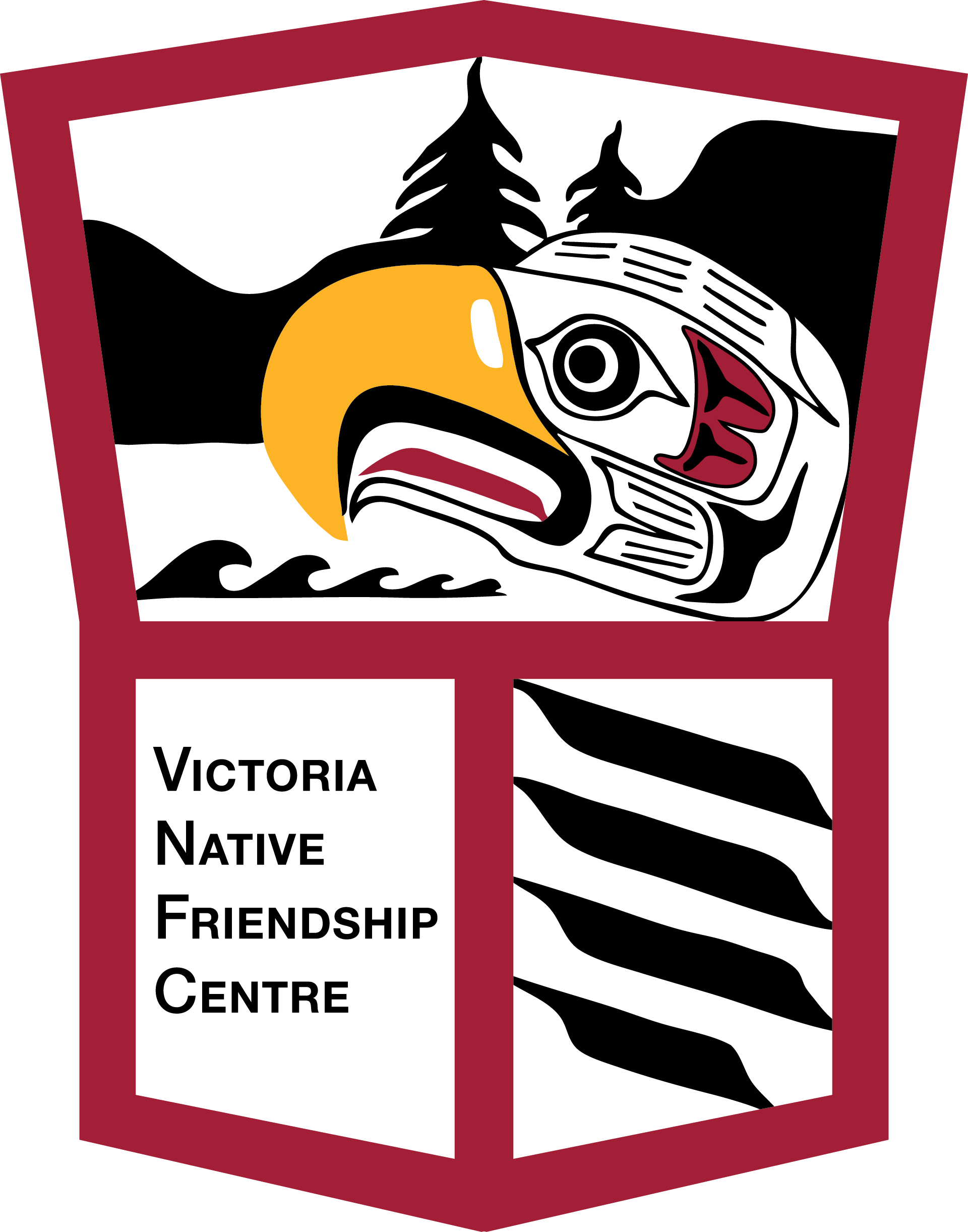 Poster with native American style artwork, featuring a stylized eagle head with bold black and yellow colors, set against a background of trees and mountains with black and white zebra stripes, and text reading "Victoria Native Friendship Centre".
