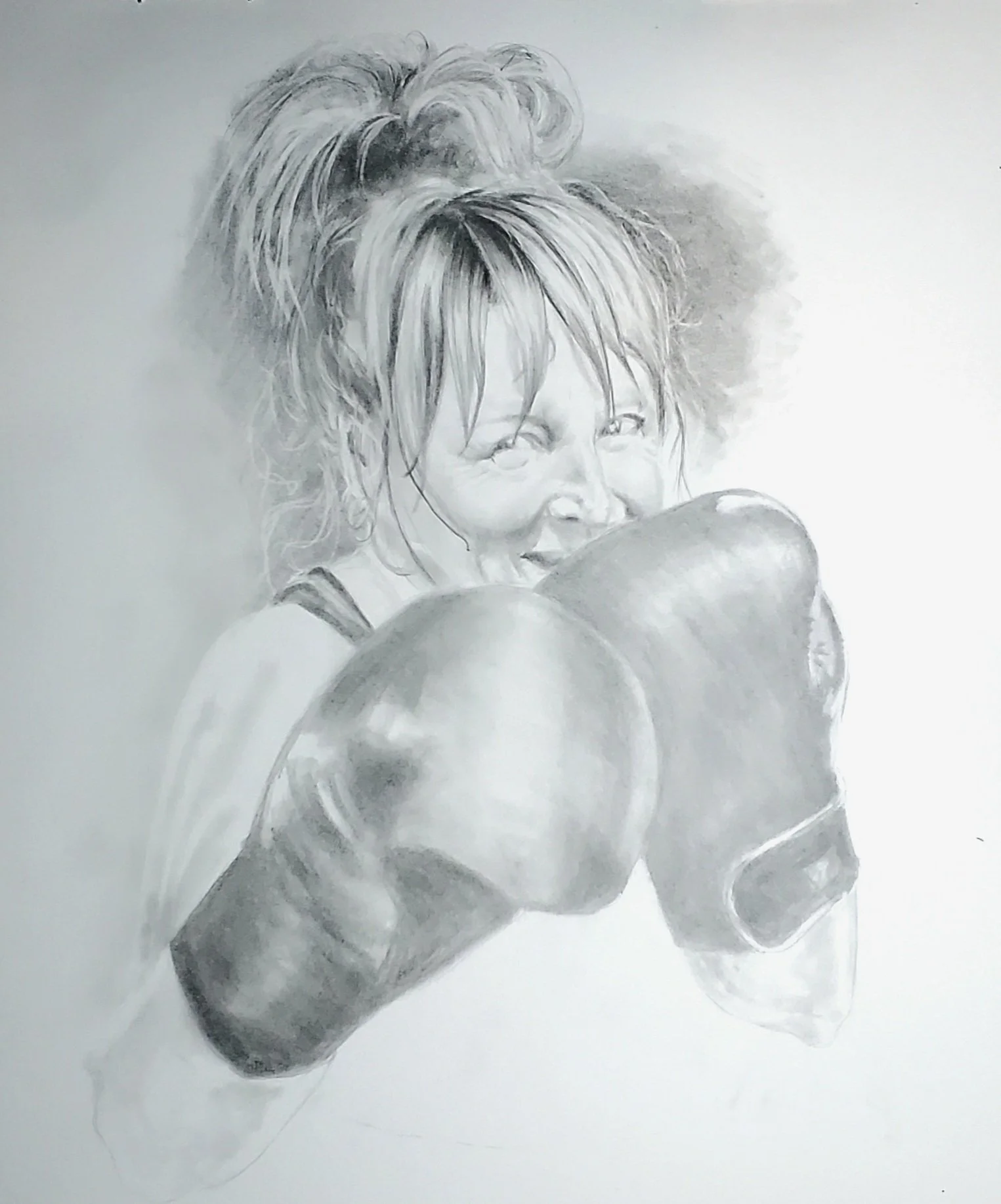GRAPHITE PORTRAIT OF A WOMAN IN BOXING GLOVES