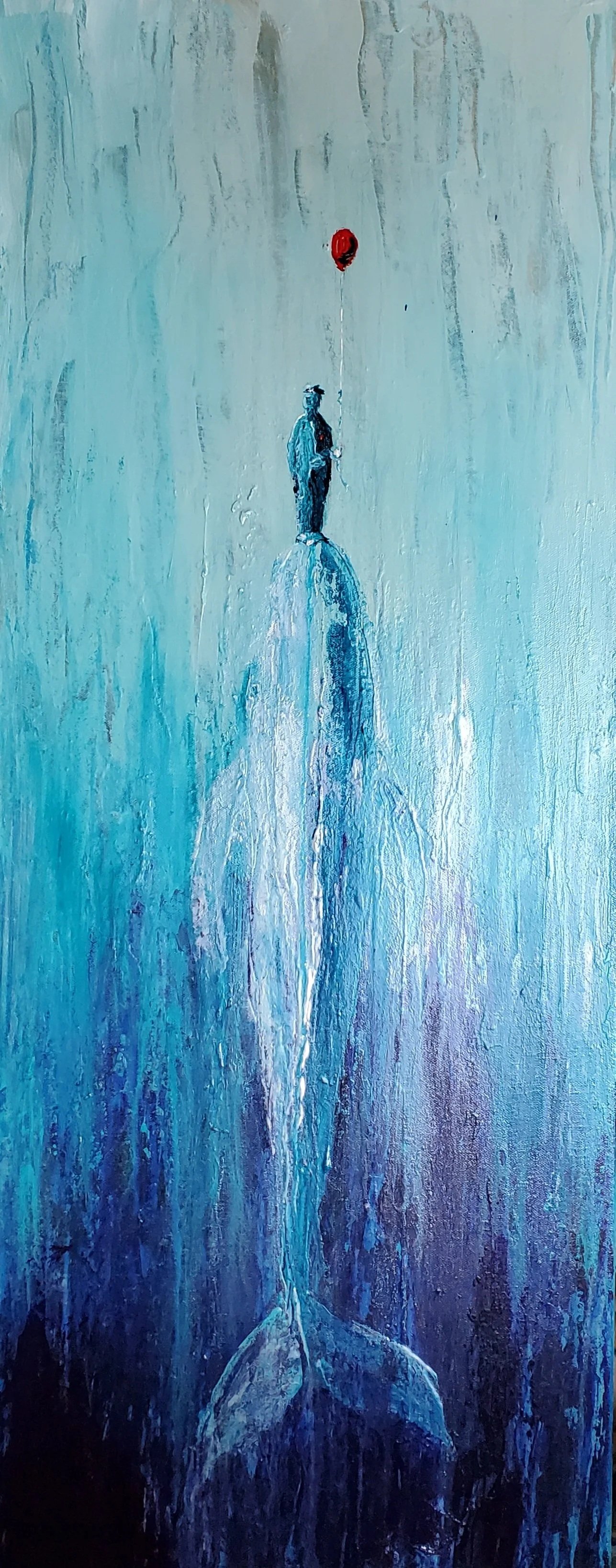 painting of a man with a red balloon standing on the nose of a whale
