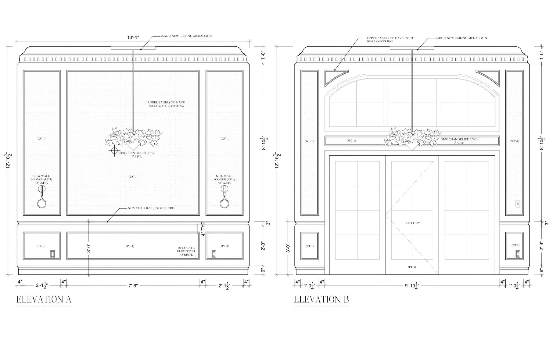 Architectural blueprint of a wall and door with detailed measurements and annotations for elevations labeled A and B.