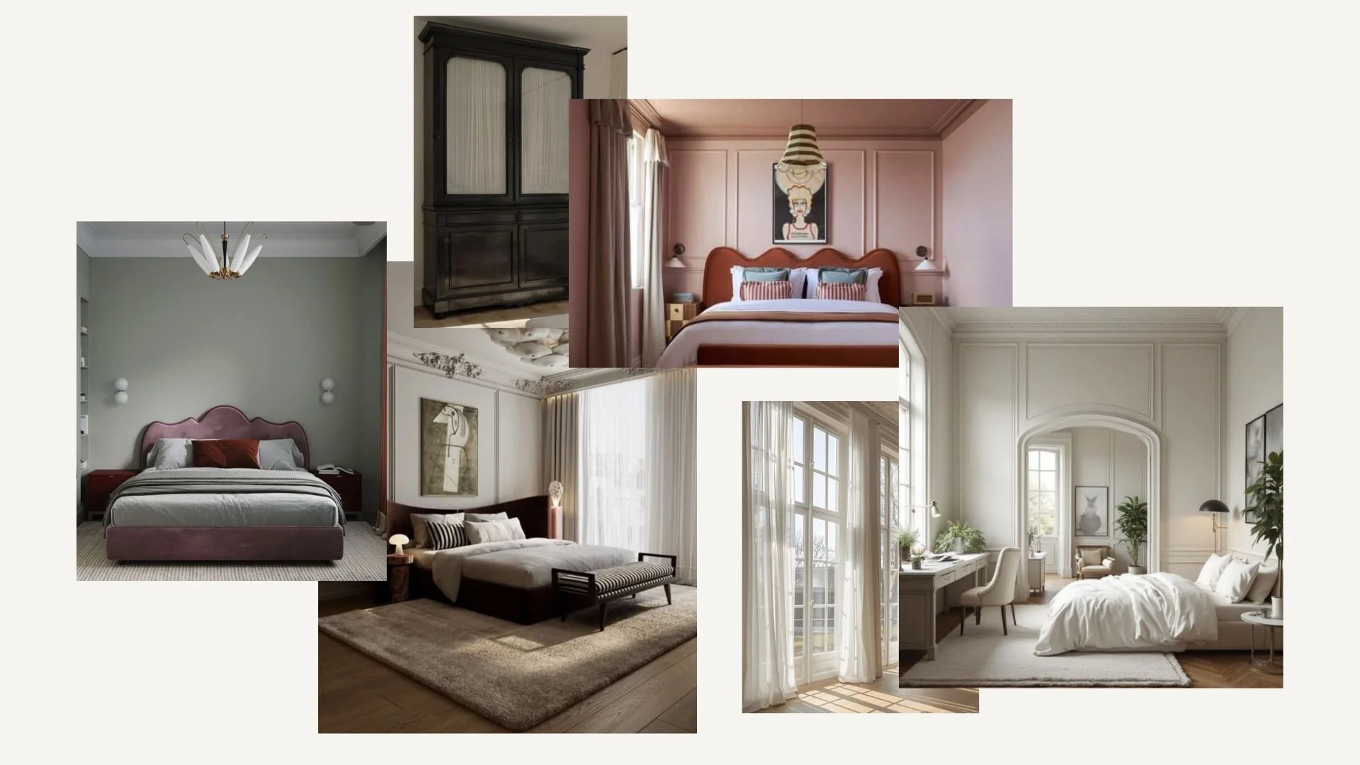 Collage of five different bedrooms with various interior designs and color schemes.