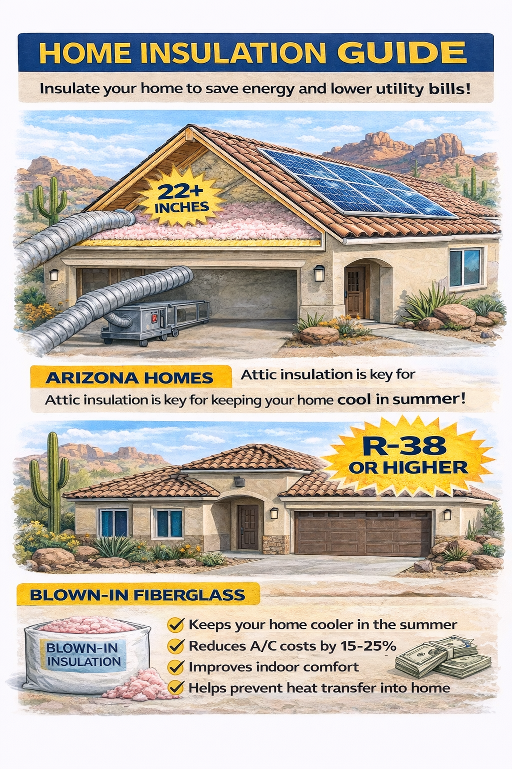 Illustration of a house with solar panels on the roof, cactus plants, and surrounding desert landscape, promoting home insulation and energy efficiency in Arizona.
