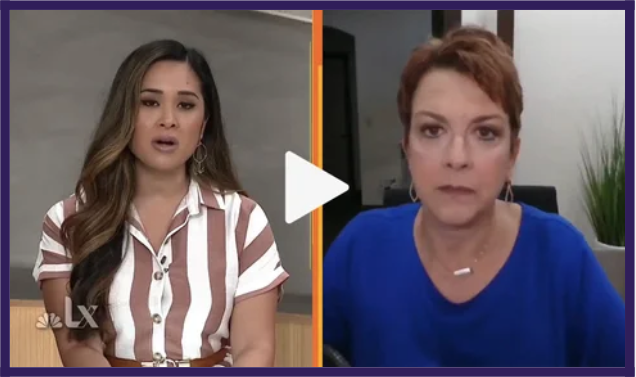 Screenshot of a video call showing two women, one on the left with long brown hair and a striped shirt, and the other on the right with short reddish hair and a blue top.