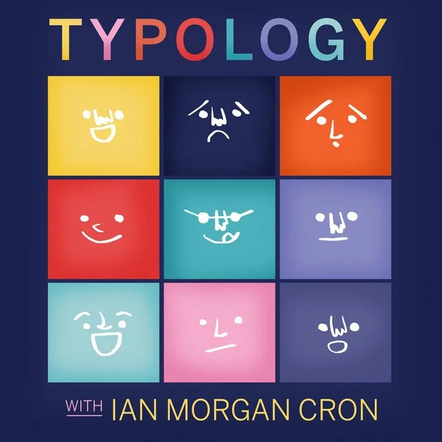Colorful grid of nine squares with different facial expressions drawn in white, above the title 'Typology' in multicolored letters and the subtitle 'with Ian Morgan Cron' in yellow and purple.