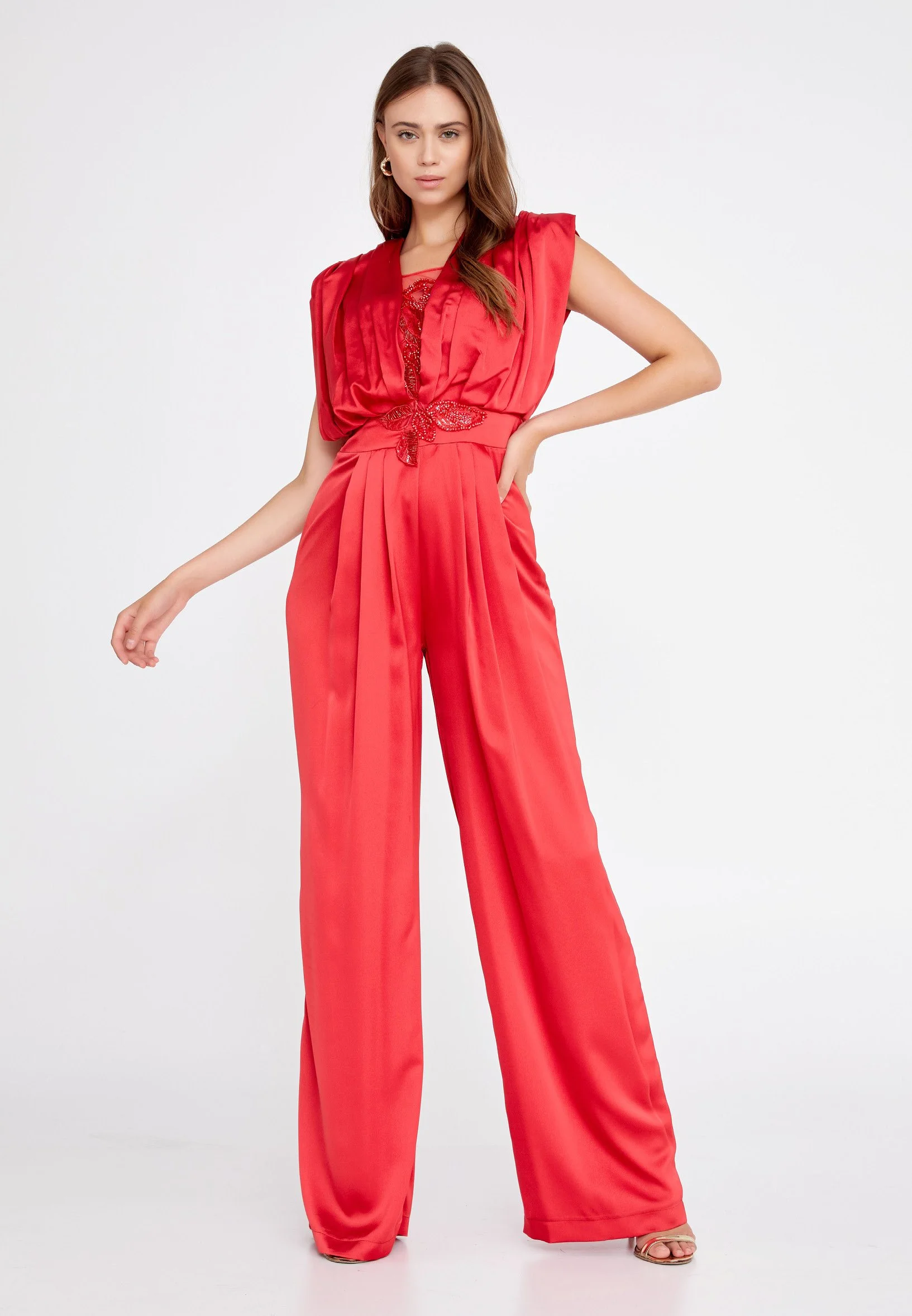 TAJI'Z- Red Sleeveless Satin Evening Jumpsuit