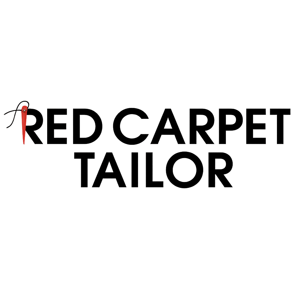 Black text on a gray background that reads 'RED CARPET TAILOR' with a red chili pepper with a black string tied to its stem attached to the letter 'R'.