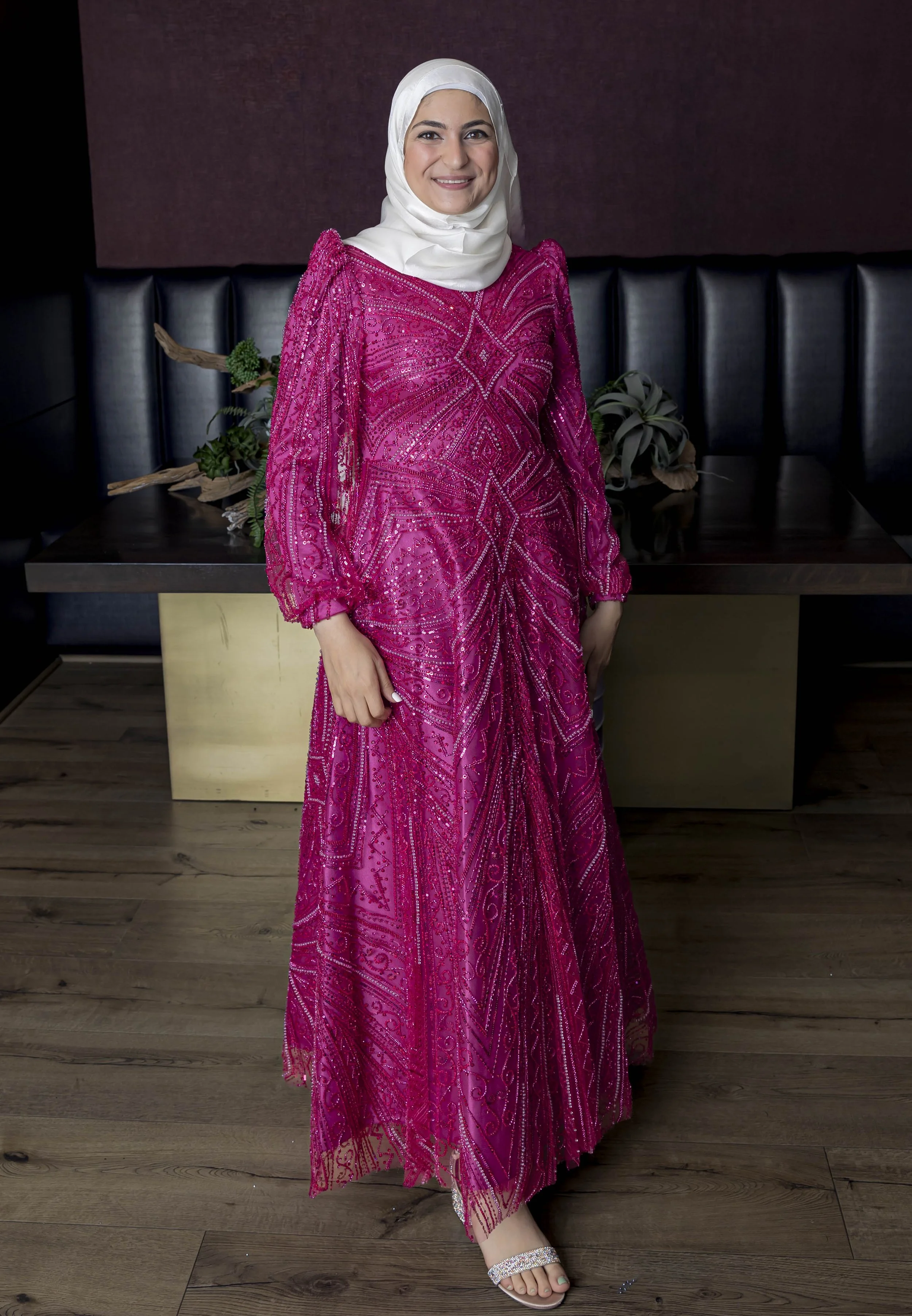 TAJI'Z- Fuchsia Long Sleeve Modest Evening Dress