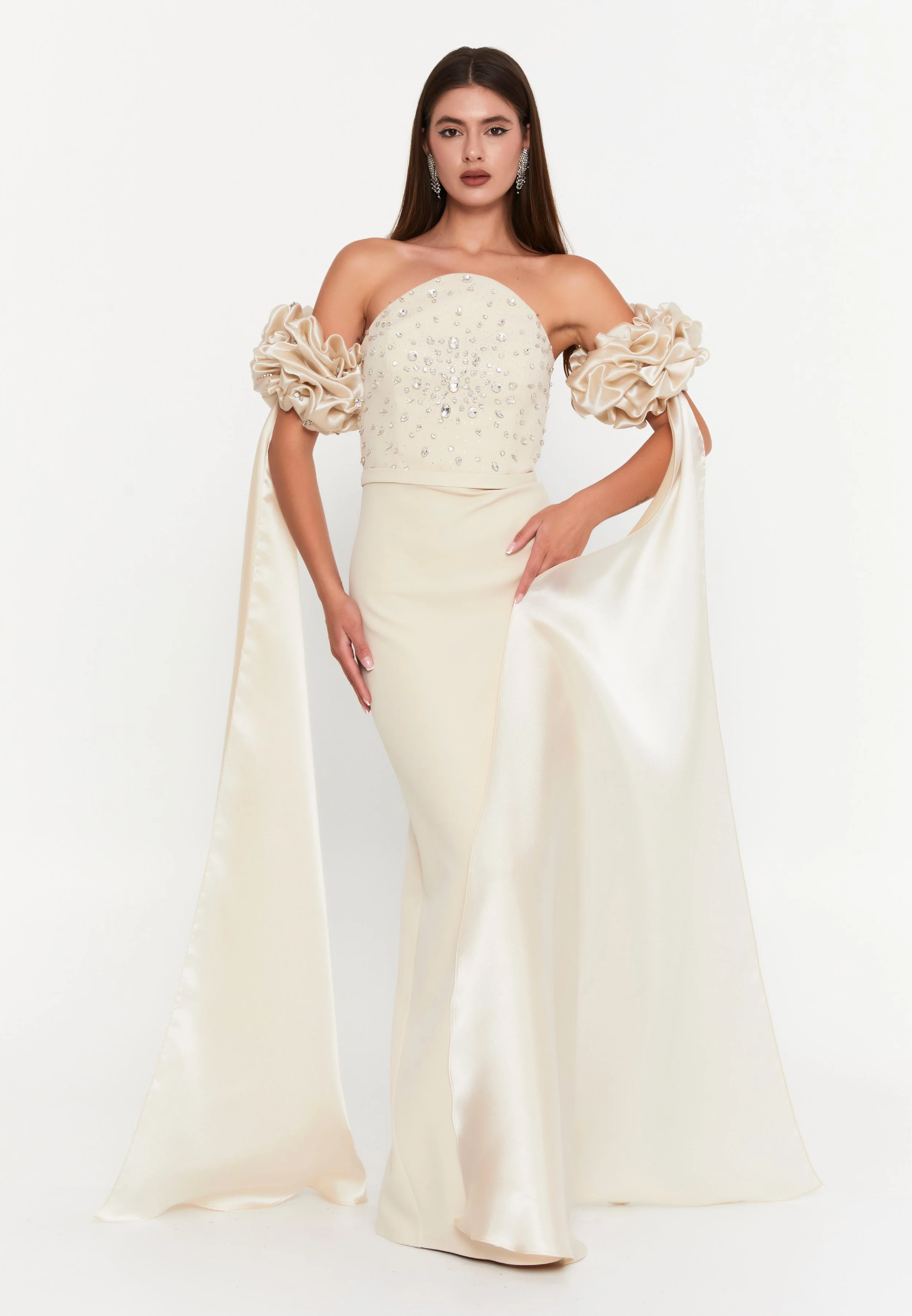 TAJI’Z- Ivory Off Shoulder Maxi Wedding Guest Dress