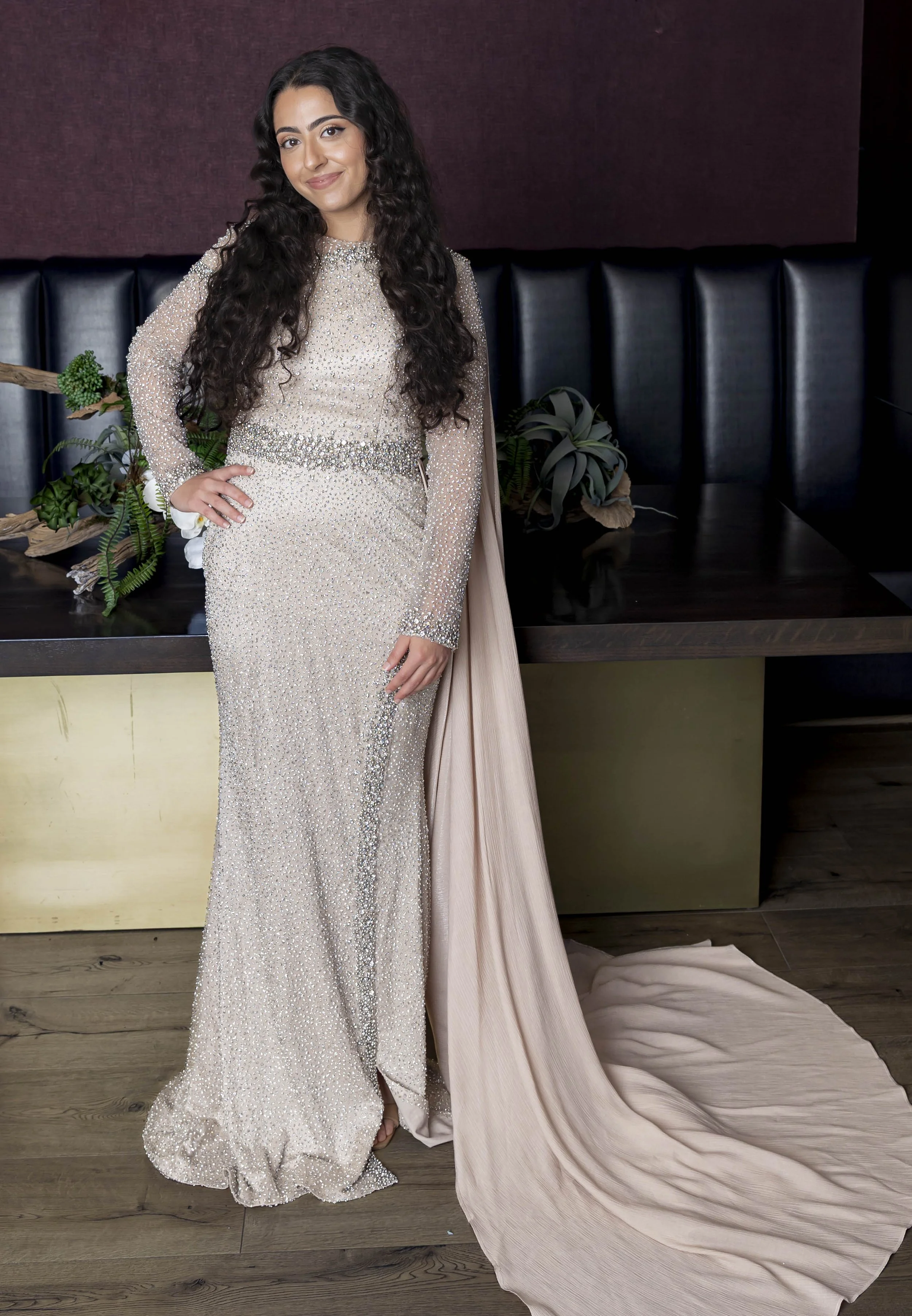 TAJI'Z- Long Sleeve Maxi Mermaid with attached drape cape Evening Dress