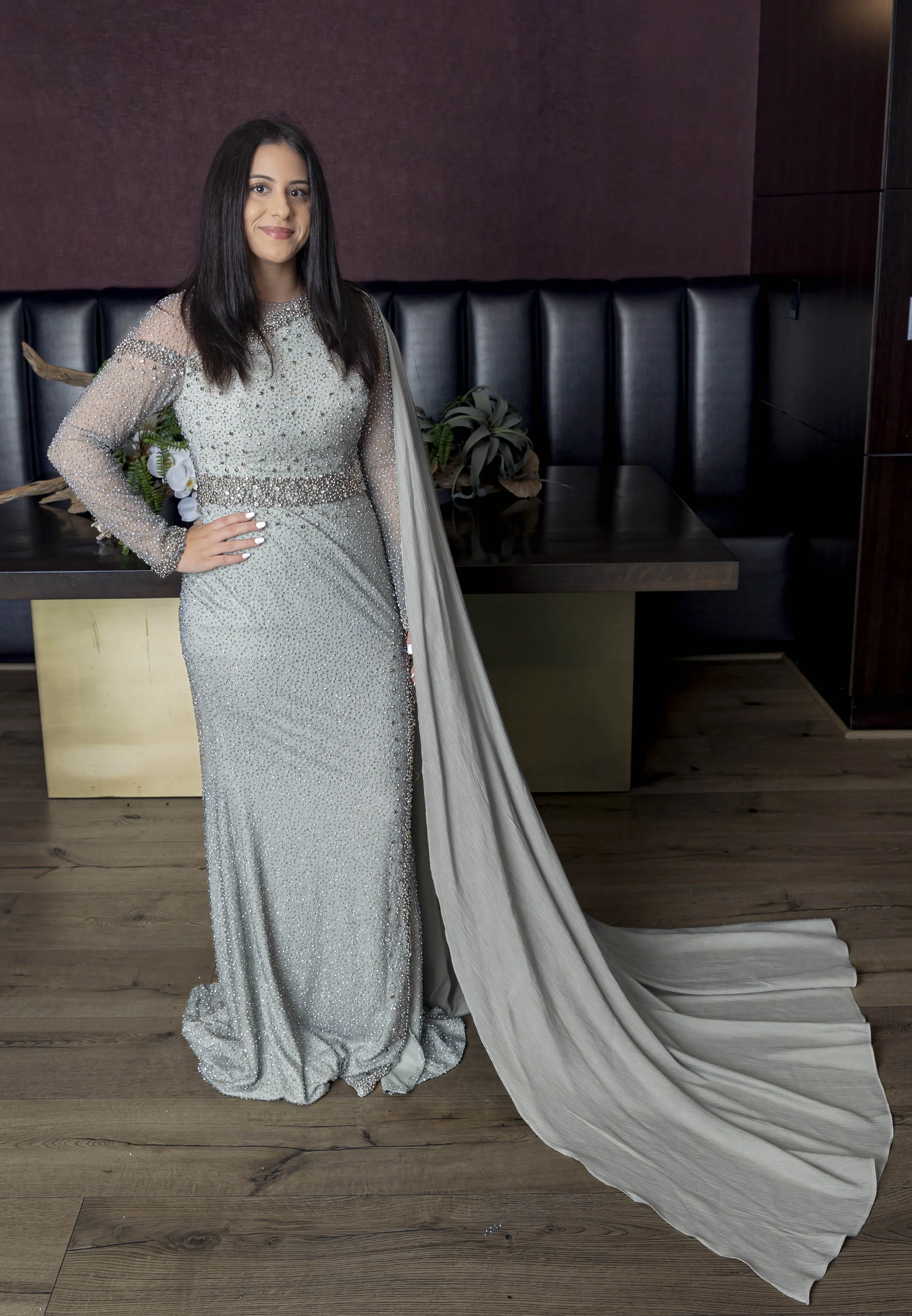 TAJI'Z- Long Sleeve Maxi Mermaid with attached drape cape Evening Dress