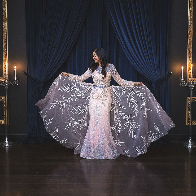 TAJI'Z- Pink/Purple Long Sleeve Maxi Tulle Mermaid Evening Dress