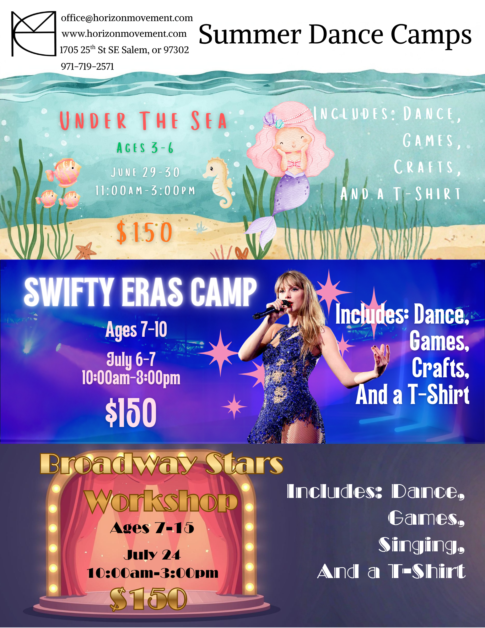 Flyer for summer dance camps featuring underwater-themed program for ages 3-6 on June 29-30 from 11:00AM to 3:00PM costing $150, and a Broadway stars workshop for ages 7-15 on July 24 from 10:00AM to 3:00PM costing $150. The flyer shows aquatic illustrations, a young girl mermaid, and a performer singer on stage.