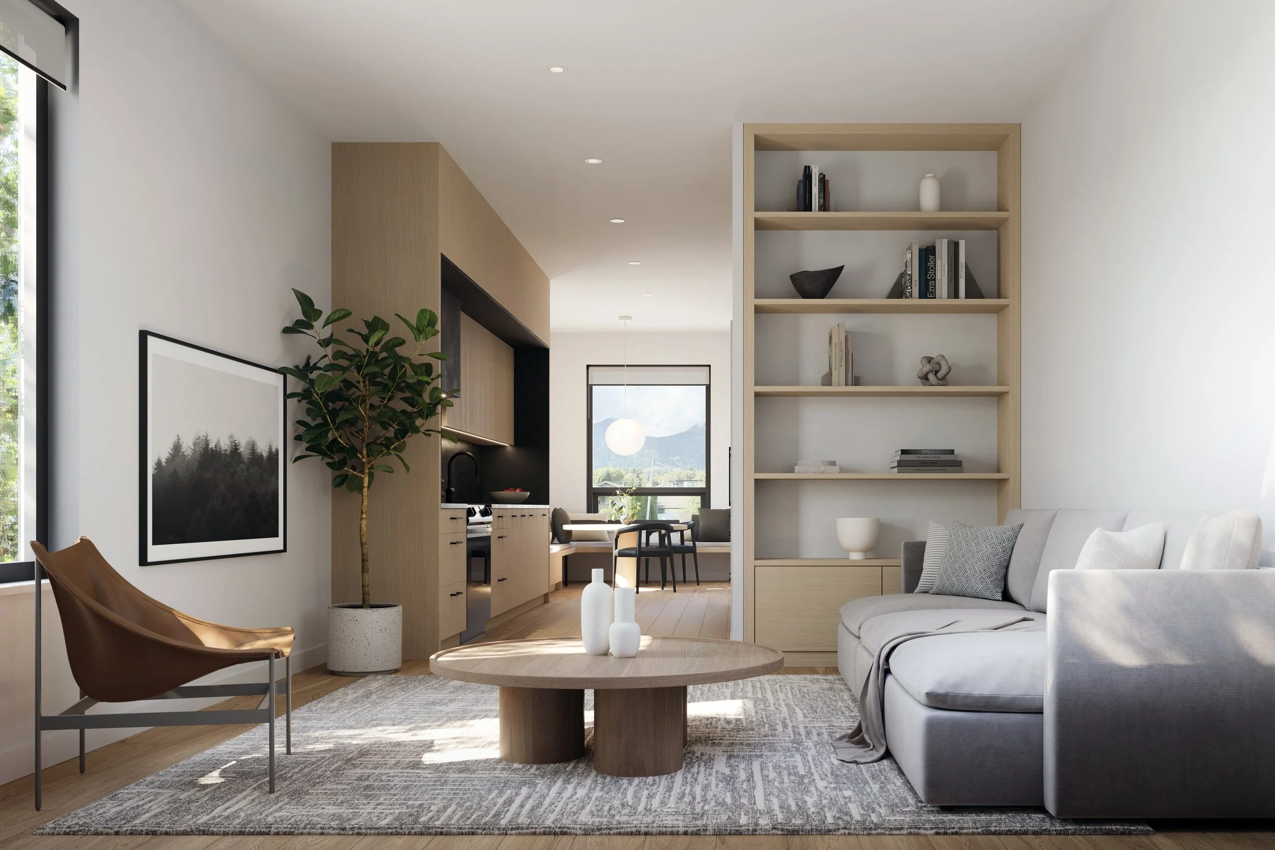 Modern living room with white walls, grey sofa, wooden bookshelf, coffee table with vases, patterned rug, large window, and a view of the mountains and trees outside.