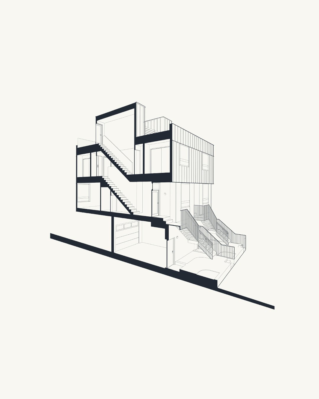 Line drawing of a multi-story house cross-section showing interior stairs, rooms, and garage.