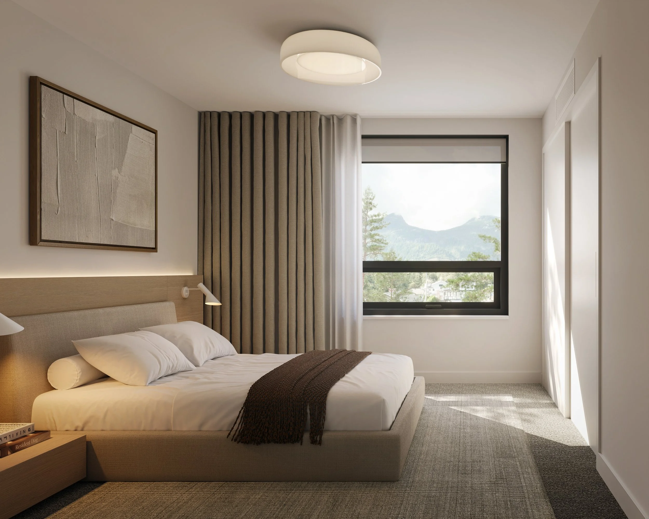 A modern hotel bedroom with a large bed, white bedding, and brown throw blanket. There are two bedside lamps, a wall art piece, and a window with mountain views and curtains.