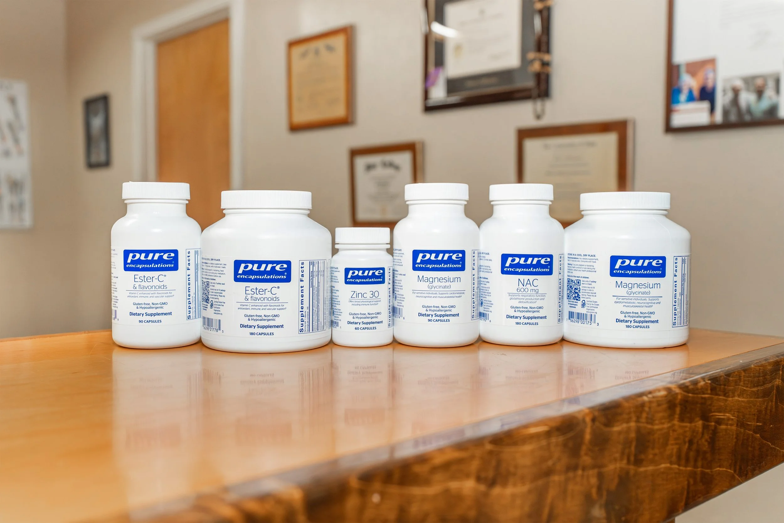 B of dietary supplements, including Pure Encapsulations Ester-C, Zinc 30, Magnesium, and NAC, at the Head and Neck Center of Hawai'i.