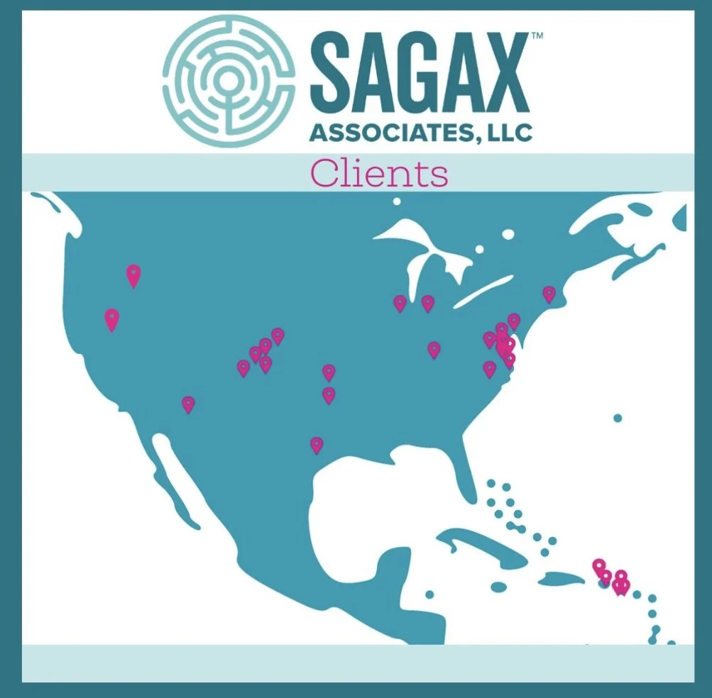 Map of the United States with pink location markers indicating the client's locations.