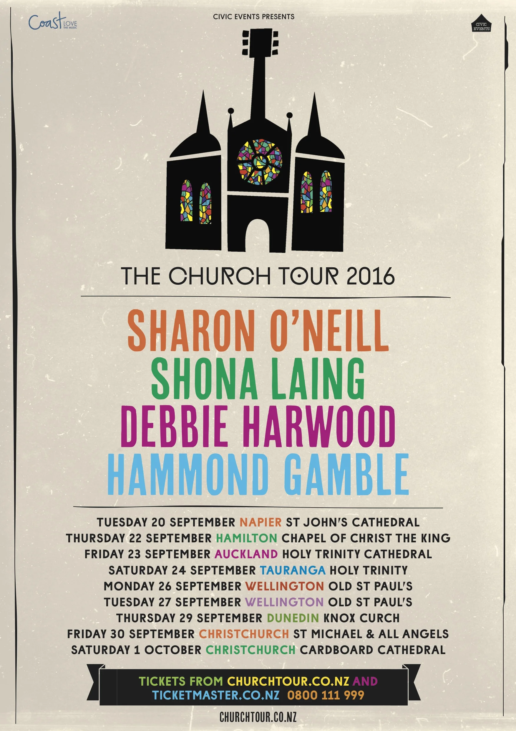 Sharon O'Neill, Shona Laing, Debbie Harwood & Hammond Gamble announced for The 2016 Church Tour