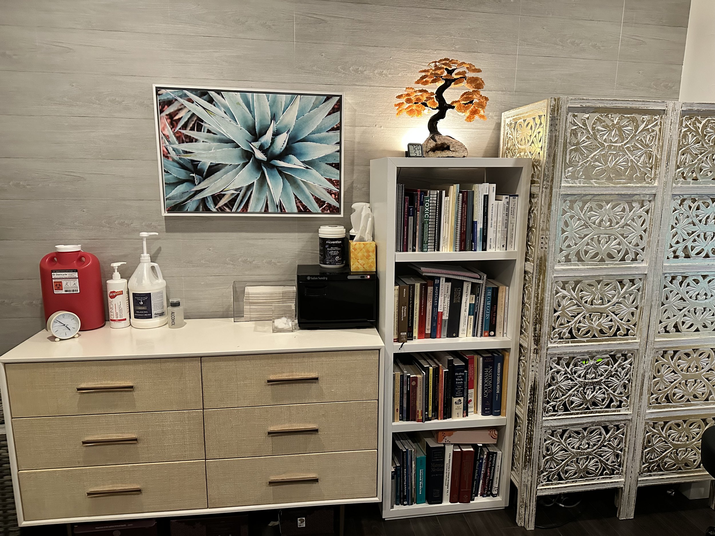 A white cabinet with six drawers and a white shelf filled with books. On top of the shelf is a small black digital clock, a decorative bonsai tree with orange leaves, and a lamp. To the left of the cabinet, bottles of hand sanitizer, cleaning supplies, and fluid are located. To the right, there is a decorative folding screen with intricate cut-out patterns. Behind the furniture, a field of an agave plant is framed and hung on the gray wall.