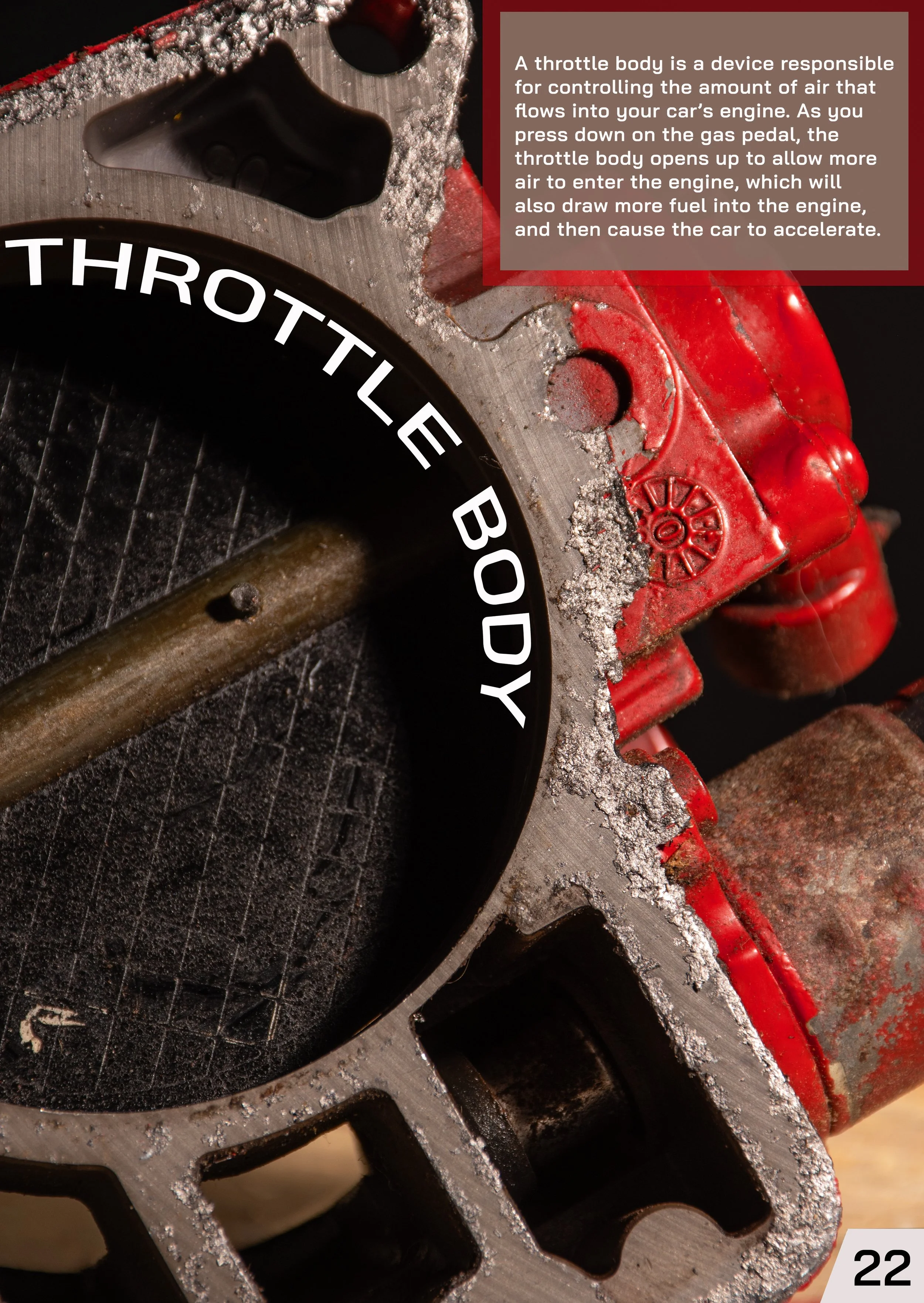 Close-up of a car engine component with a red throttle body, showing textured, worn metal parts and a black circular gasket with the words 'THROTTLE BODY' written on it, against a black background.