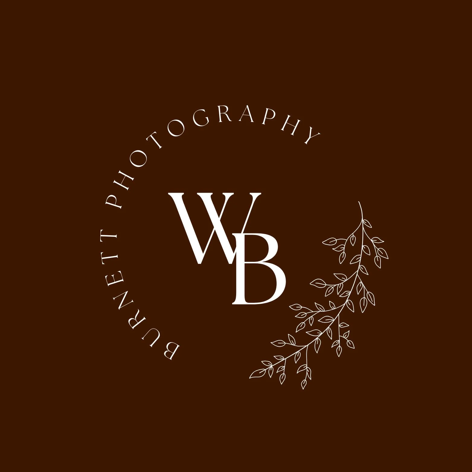 Logo with the intertwined letters W, V, B in the center, surrounded by the text "BURNETT PHOTOGRAPHY" in a circular pattern, and a decorative leaf branch to the right, all on a dark brown background.