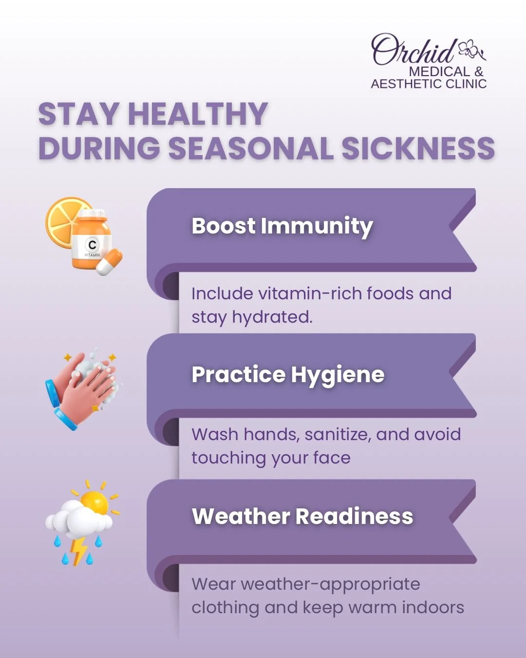 ✨ Taking care of your health is self-care! ✨
Seasonal sickness is here, so let&rsquo;s stay proactive and protected. 💜
At Orchid Medical &amp; Aesthetic Clinic, we care for your wellness all year round.

📌 Boost your immunity
📌 Stay on top of hygi