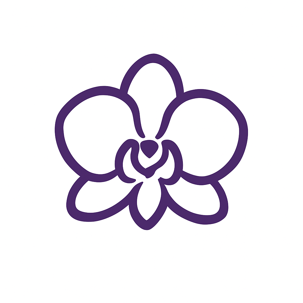 A simple line drawing of a purple orchid flower.