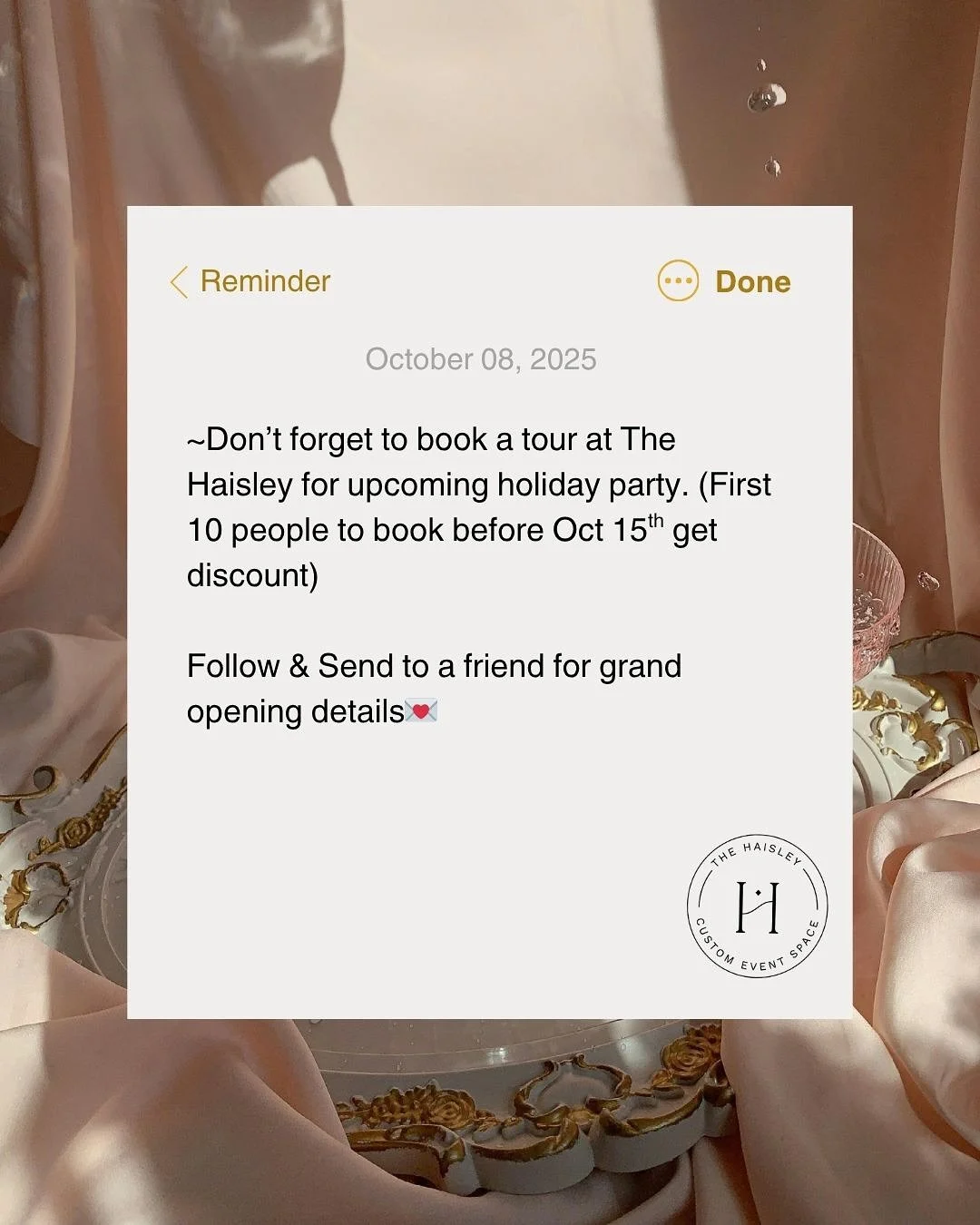 This is your sign to get your holiday party or special event locked in now, and take advantage of our Grand Opening special!!
Are you as excited as we are for the big reveal?!✨

#ScottsdaleCustomVenue #LuxuryVenue #EventSpace #TheHaisleyAZ #Scottsdal