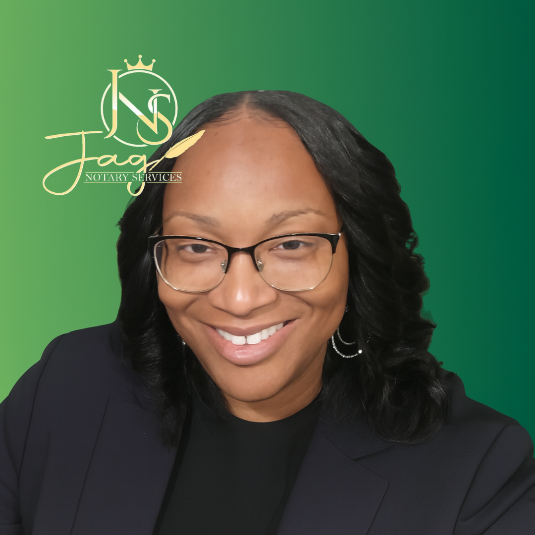 A professional notary from Jag Notary Services smiling in front of blue background with company logo, representing professional mobile and remote online notary services.