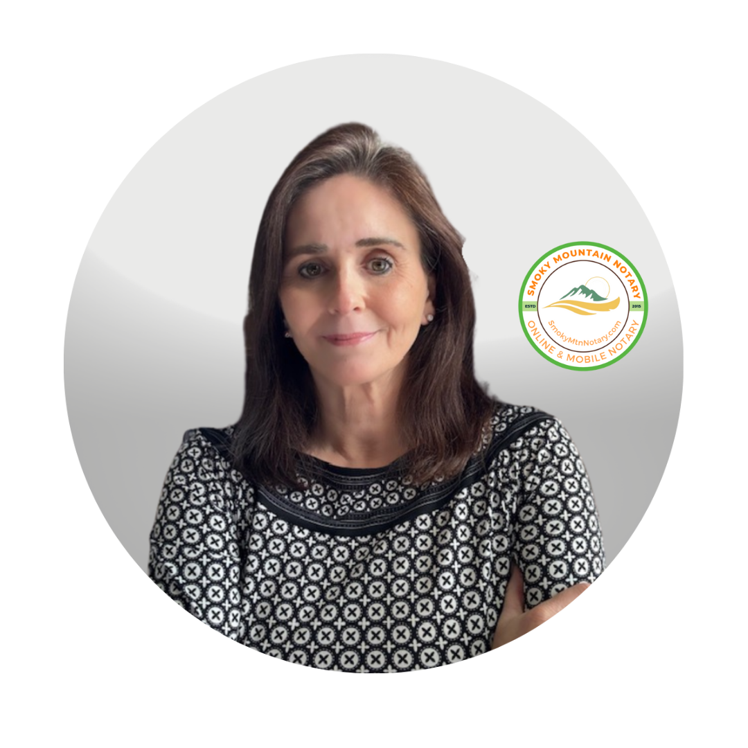 Professional notary from Smoky Mountain Notary standing confidently with arms crossed in front of gray background, company logo displayed.