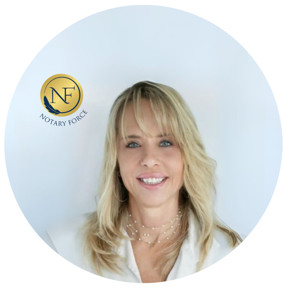 Professional notary from Notary Force smiling in front of a white background with gold and black Notary Force logo, representing professional remote online notary services.