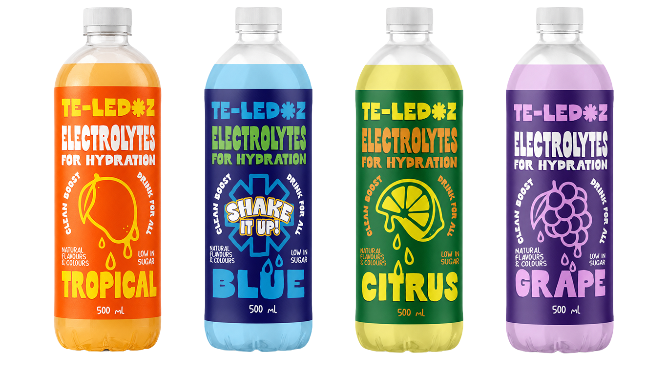 four bottles of te-ledoz in tropical, blue, citrus and grape flavours