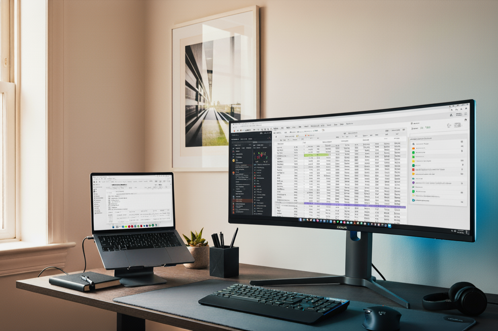 A modern home office workspace with a large monitor, a laptop, a wireless keyboard, a mouse, headphones, and office supplies, with a framed black-and-white photograph on the wall and a window letting in natural light.
