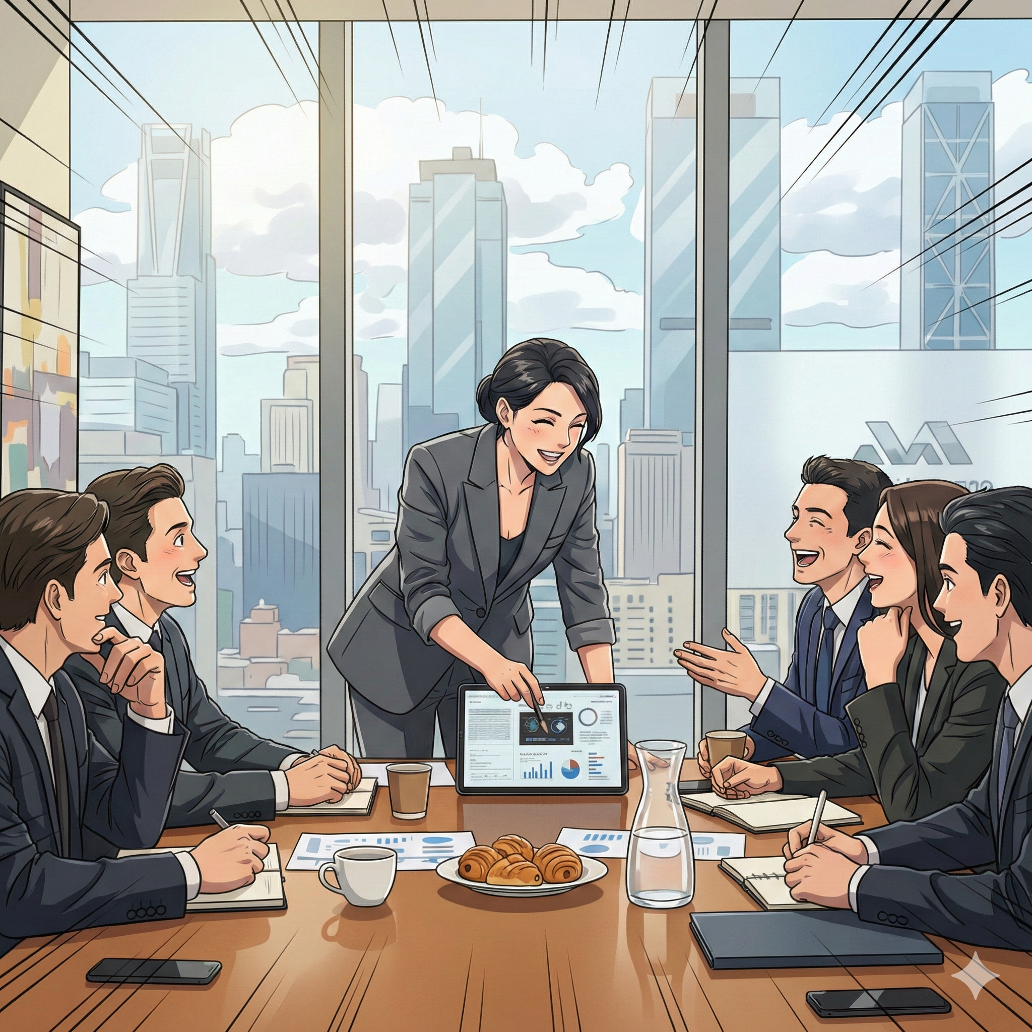 CEO with a laptop on a meeting table with a bunch of executives