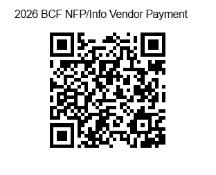 QR code for 2026 BCF NFP/Info Vendor Payment with text above it.